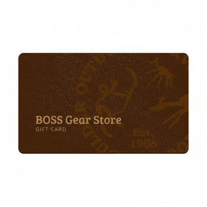 Brown gift card with 'BOSS Gear Store' branding on a white background