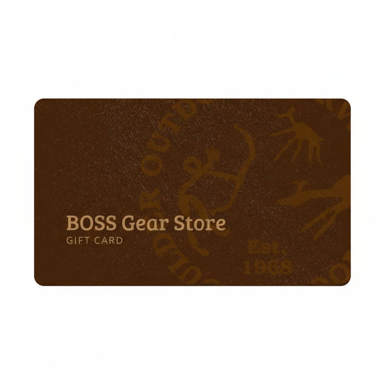 Brown gift card with 'BOSS Gear Store' branding on a white background